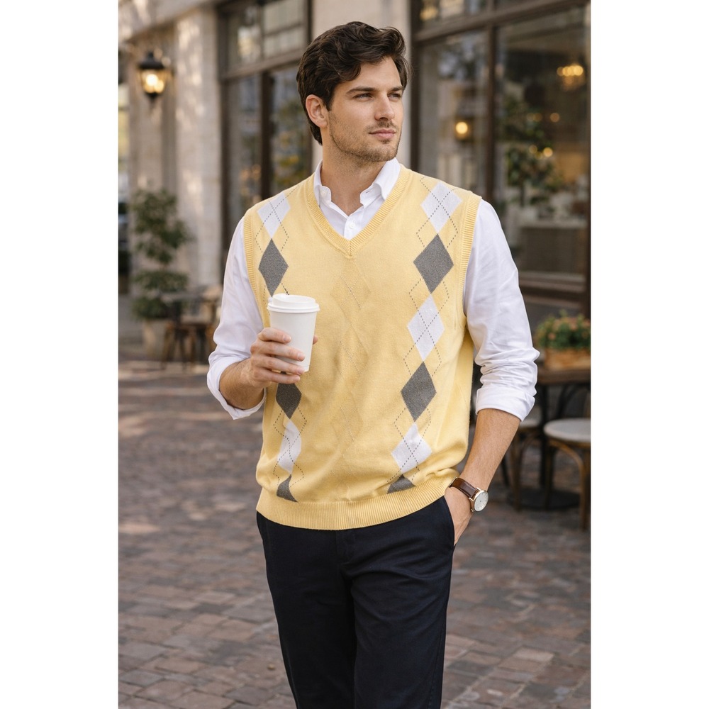 Haggar Argyle Sweater Vest Men's L | Buttery Yellow Preppy Academia V-Neck